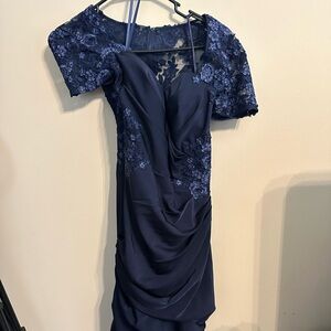 La Femme 27989 Lace Back Short Sleeve Dress navy size 6 nwt blue dusty